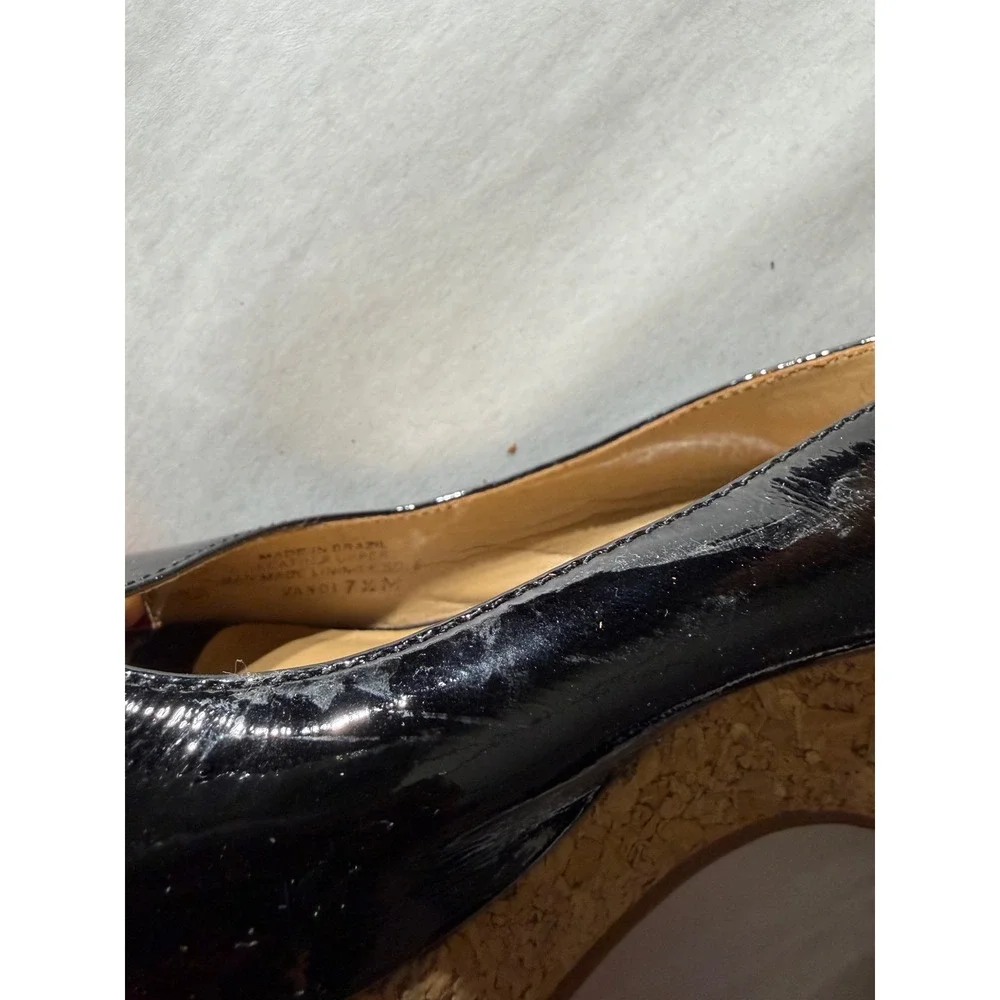 Michelle D Womens Black 7.5 Patent Leather Peep Toe Cork Wedge Slingback Sandals